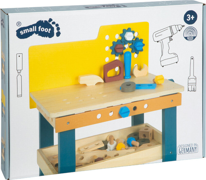Wielofunkcyjny drewniany stół warsztatowy z imadłem i schowkiem Workshop Small Foot 12558 narzędzia dla dzieci