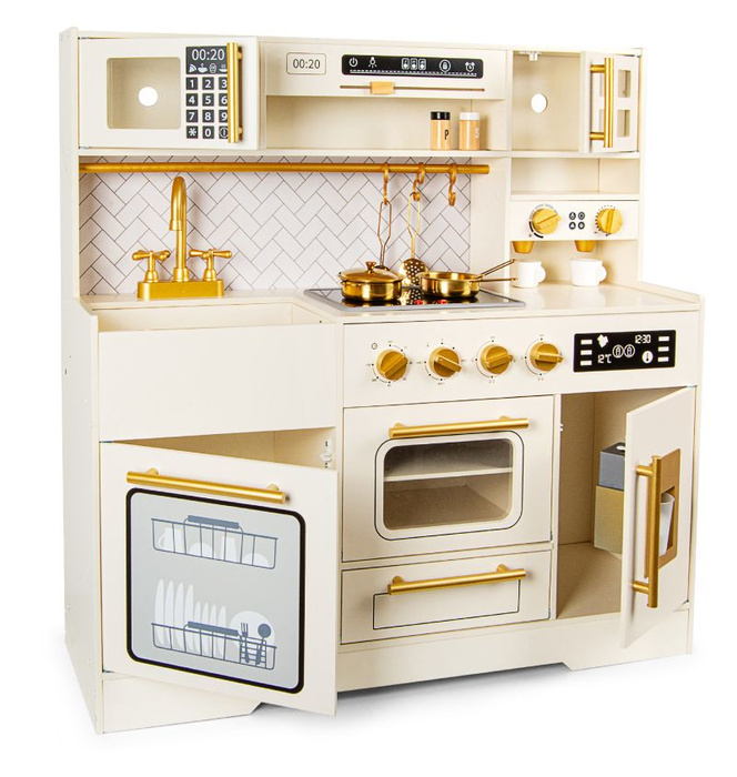 Drewniana kuchnia dla dzieci z płytą indukcyjną światłem i dźwiękiem oraz złotymi akcesoriami