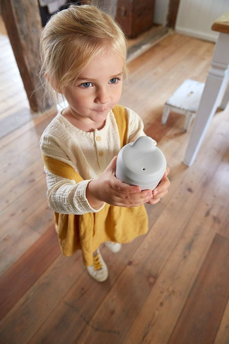 Szary kubek z dziubkiem i silikonową pokrywką Little Chums Kot 1310061108-Lassig, kubki dla dzieci