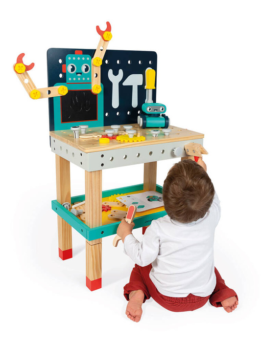 Duży stolik z narzędziami 60 el warsztat drewniany magnetyczny Robot Brico Kids Janod J06457