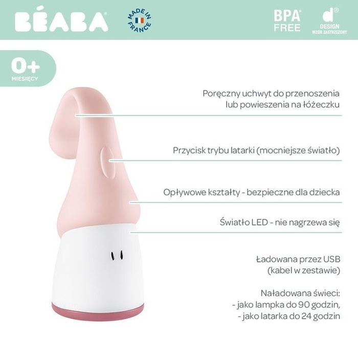 Lampka nocna LED przenośna z latarką Pixie 90h świecenia Pink Beaba 930299