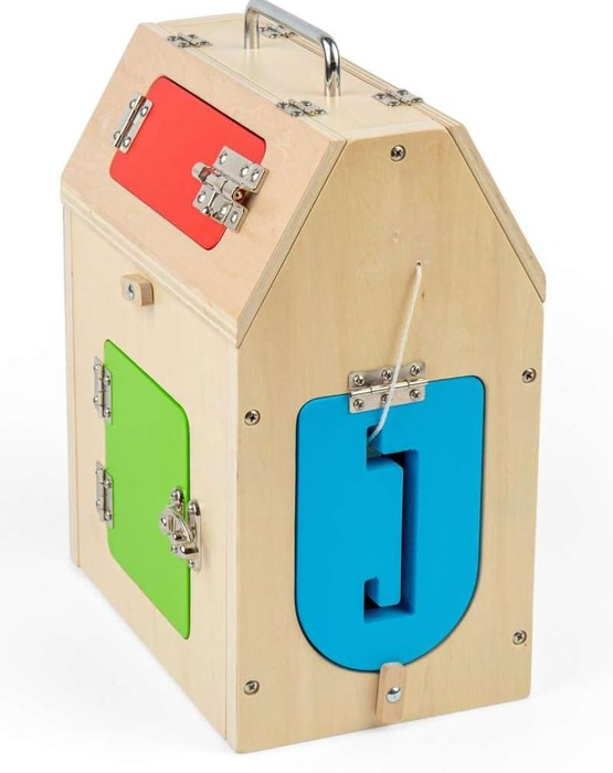 Domek manipulacyjny z zamkami i kółkami zębatymi Bigjigs 37004 Drewniane zabawki dla dzieci