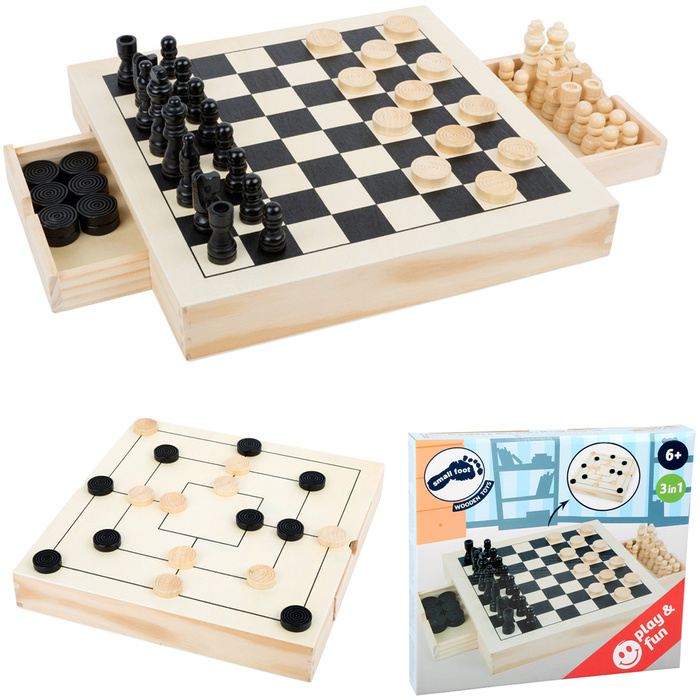 Zestaw trzech gier szachy warcaby młynek 11208-Small Foot, gry drewniane