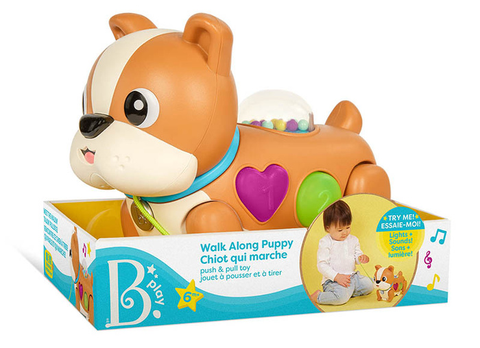 Interaktywny piesek z ruchomymi łapkami Walk Along Puppy BX4530 B.toys zabawki do pchania ciągnięcia