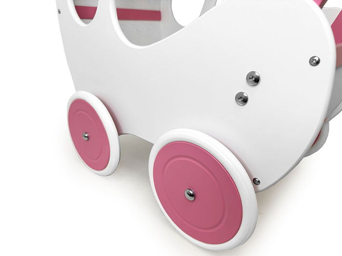 Biało-różowy, głęboki wózek z drewna dla lalki - zabawki dla dziewczynek