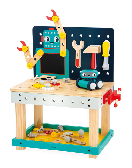 Duży stolik z narzędziami 60 el warsztat drewniany magnetyczny Robot Brico Kids Janod J06457