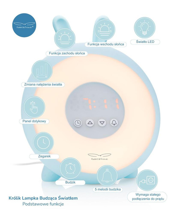 Lampka budząca światłem 3w1 niebieski Królik Rabbit & Friends AC-W Lampki nocne dla dzieci