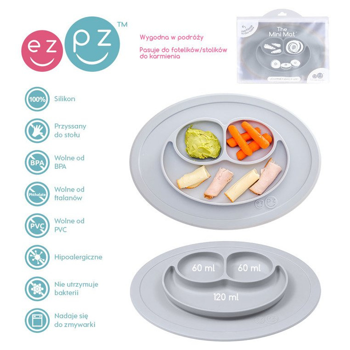 EZPZ Silikonowy talerzyk z podkładką mały 2w1 Mini Mat pastelowa szarość EUMMP003- EZPZ, naczynia dla dzieci