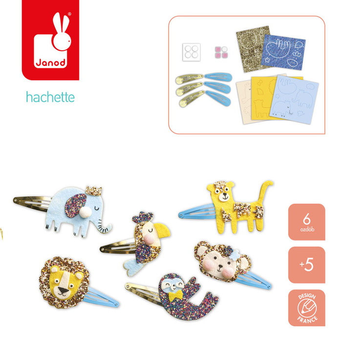 Zestaw kreatywny do tworzenia biżuterii Brokatowe spinki do włosów Egzotyczne zwierzęta Janod J09178