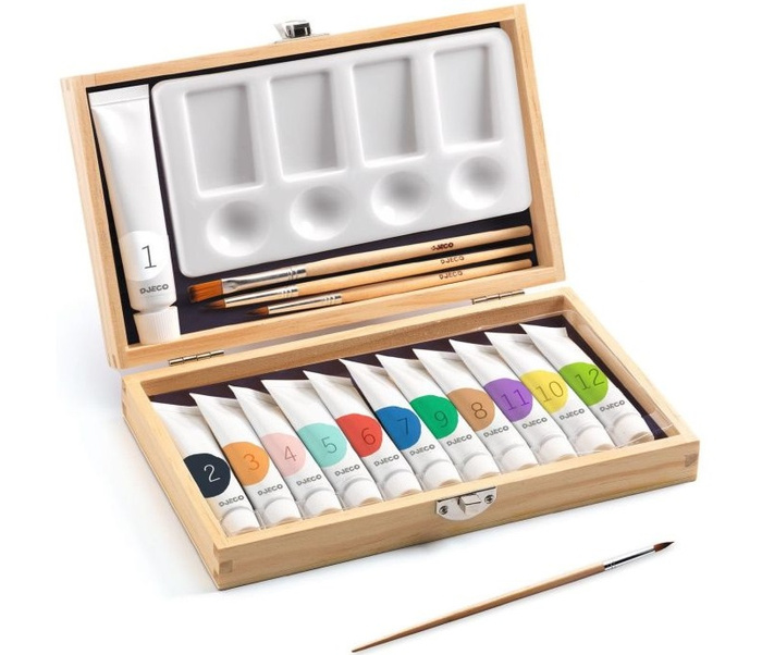 Drewniana walizka artysty zestaw 12 farb gwaszowych Djeco DJ08908