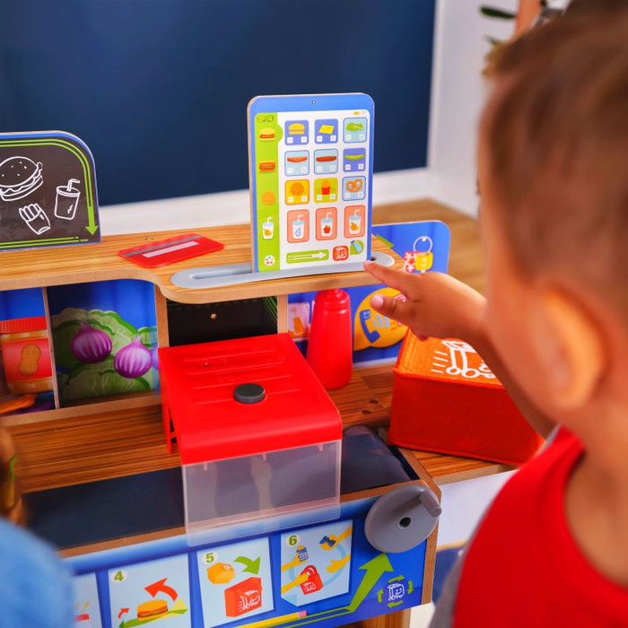 Drewniana restauracja 2w1 Stanowisko małego szefa kuchni KidKraft KK20256 z światłem i dźwiękiem