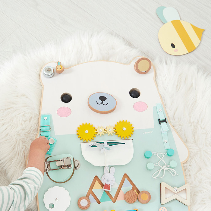 Duża drewniana tablica manipulacyjna 20 aktywności Miś Pure Janod J05162