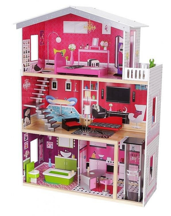 Domek dla lalek drewniany z windą, W Malibu, ZA4118-Ecotoys, zabawki dla dziewczynek