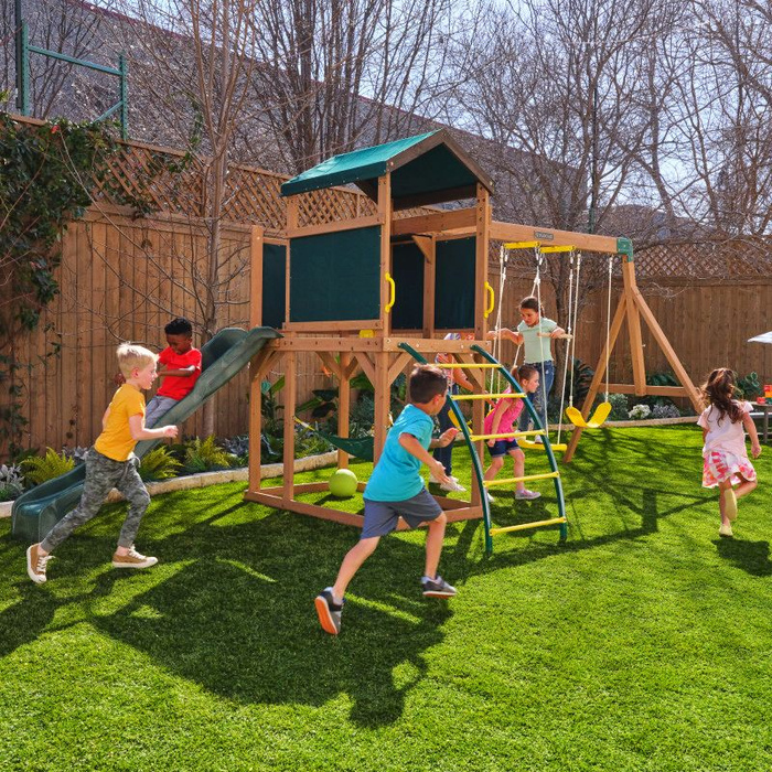 Drewniany plac zabaw dla dzieci do ogrodu Hideaway Haven Kidkraft KKF29450E - hamak, zjeżdżalnia, huśtawki