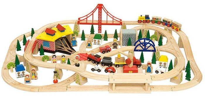 Duży zestaw kolejki drewnianej, 2 pociągi, BJT017-Bigjigs Rail