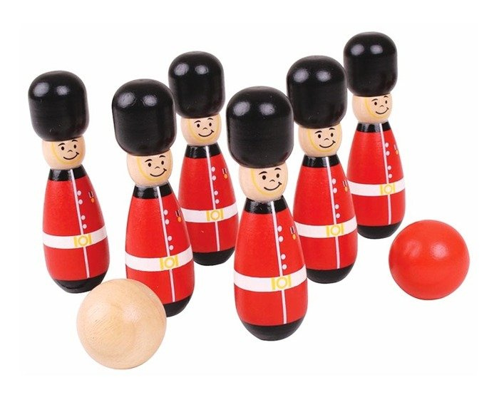 Kręgle drewniane Straż królowej BJ647-Bigjigs Toys, zręcznościowe gry dla dzieci