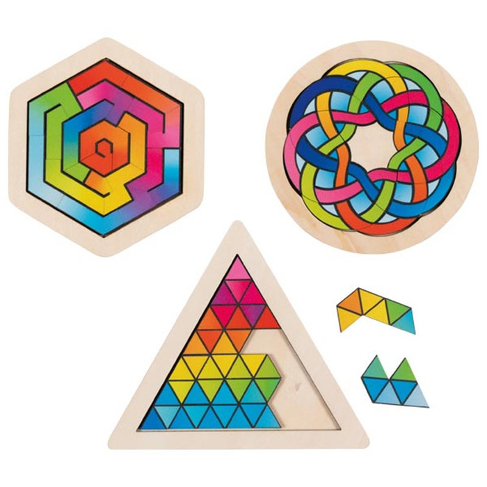 Układanka drewniana łamigłówka logiczna 3 warianty w figurach geometrycznych Goki 57359